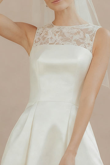 White A Line Satin Sleeveless Engagement Dress with Lace